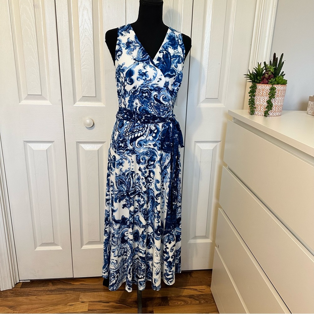 Ralph Lauren Blue and White Paisley Faux Wrap Dress Size 4